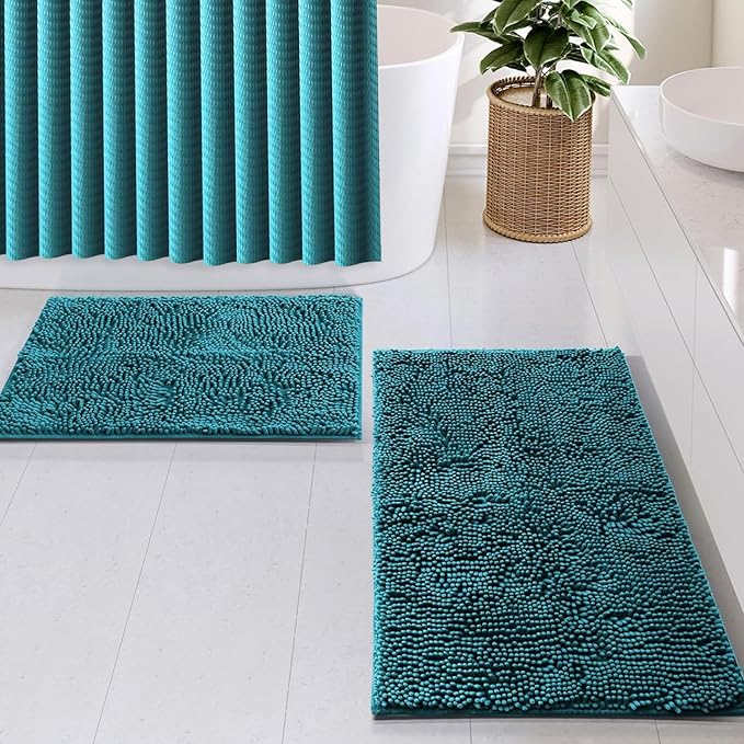 Clara Clark Teal Shower Curtain Set with Rugs - Bathroom Sets with Shower Curtain and Rugs, Fabric Shower Curtains and 2 Bath Mats, Modern Bathroom Shower and Curtain Sets for Tub Or Stall