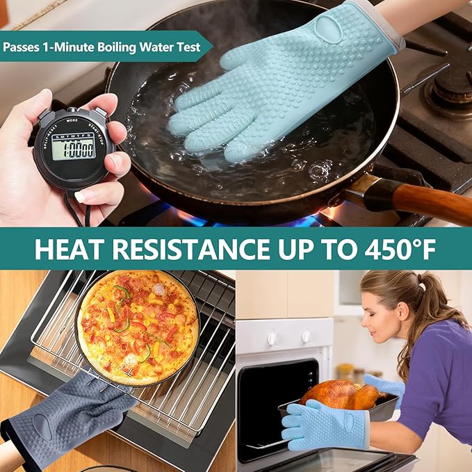 Silicone Oven Mitts Oven Gloves with Fingers, Oven Mitts Heat Resistant 450°F, Oven Mits Waterproof & Non-Slip, Cotton Lined for Kitchen, Home, Baking, BBQ, 2 Piece (Grey)