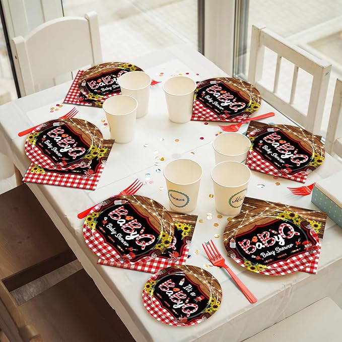 200Pcs BBQ Baby Shower Decorations, It’s A BabyQ Party Plates and Napkins Supplies Set Sunflower Rustic Wood Barbecue Baby Shower Gender Reveal Picnic Party Disposable Tableware Kit, Serves 50