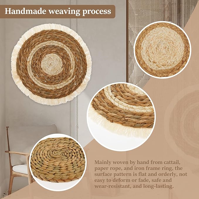 7 Pcs Round Bohemian Woven Wall Basket Decor Rustic Handmade Woven Wall Decor for Home Farmhouse Kitchen Table Living Room Party