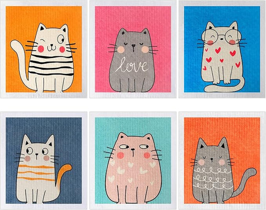 Patelai 6 Pack Swedish Dishcloth for Kitchen Cute Cat Dish Cloth Swedish Dish Towels Absorbent Reusable Paper Towels Washable Cleaning Cloths No Odor for Kitchen Decor