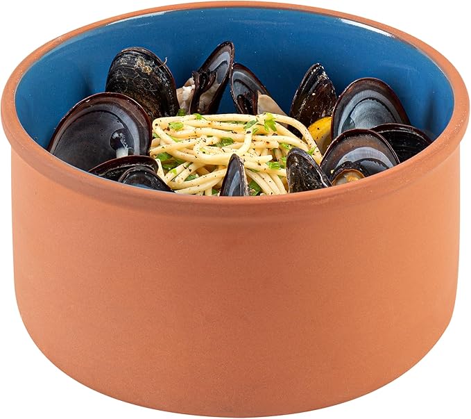 Restaurantware-Terra Tek 68 Ounce Terracotta Cazuelas, 2 Blue Glazed Clay Pots For Cooking - Oven-Ready, Microwavable, Terracotta Serving Pots, Dishwashable, For Cooking And Serving