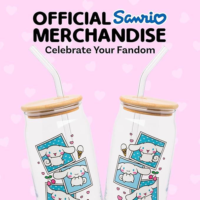 Silver Buffalo Sanrio Hello Kitty and Friends Cinnamoroll Polaroids Glass Jar Tumbler with Bamboo Lid and Glass Straw, 16 Ounces (Pack of 12)