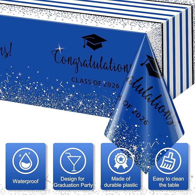 12 Pack Class of 2026 Graduation Tablecloths,Foil Dot Plastic Disposable Rectangle Table Covers for 2026 High School University College Graduation Party Decorations,108*54 Inch (Blue and Black)