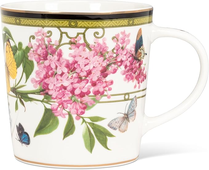 Abbott Collection Butterfly Garden Mug - Bone China, White/Green, 4"H (15oz)