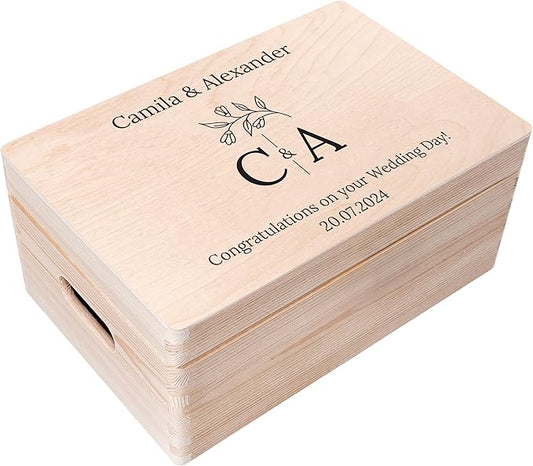 Creative Deco Personalized Wooden Storage Box Wedding Box | 11.8x7.87x5.51in (+-0.5) | Multiple Choice | Hinged Lid Handles Engraving | Gift Box | Rough UNSANDED Keepsake Souvenir Chest