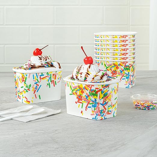 Restaurantware Paper Cups 200 Count 12 Ounce Square Disposable Ice Cream Containers, Leak-Resistant Paper Dessert To Go Cups, Hot And Cold Food, Durable Classic Sprinkles Design