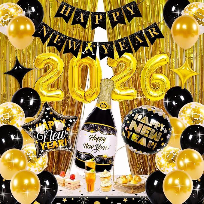 Happy New Year Decorations 2026, New Years Eve Party Supplies 2026, New Years Decoration Set with 2026 Number Balloons, Happy New Year Banner, Champagne Curtains Backdrop for NYE Party Decorations