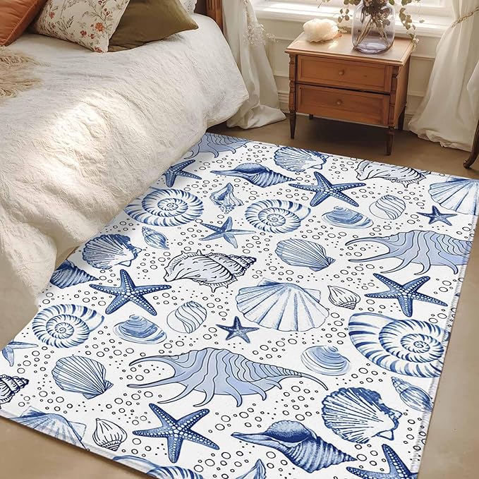 Area Rug 3x5ft, Navy Blue Starfish Conch Shell Seamless Washable Rugs for Living Room Bedroom, Summer Ocean Bubbles Soft Non-Slip Area Rugs Rectangle Floor Carpet for Dining Room