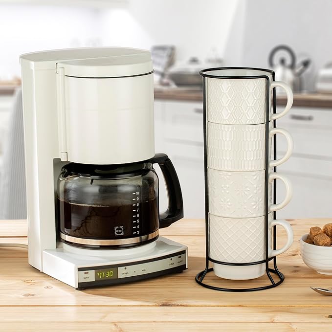 Signature Housewares Stackable Coffee Mug Tower Set with Metal Wire Rack - 15 Ounce Coffee Mugs for Coffee, Tea, Cocoa, Milk, Cappuccino, Hot Chocolate Set of 4 - White Glazed Ceramic
