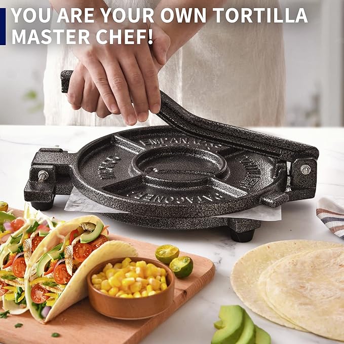 ARC Tortilla Press 10.4" Include 100 Pcs Parchment Paper, Cast Iron Tortilla Maker, Black Gray