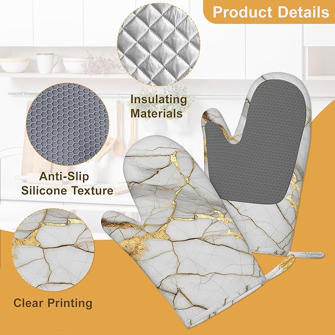 White Gold Marble Oven Mitts and Pot Holders Sets,Silicone Abstract Kitchen Mitts Potholders Heat Resistant 4Pcs Oven Gloves Hot Pads for Kitchen Baking Cooking