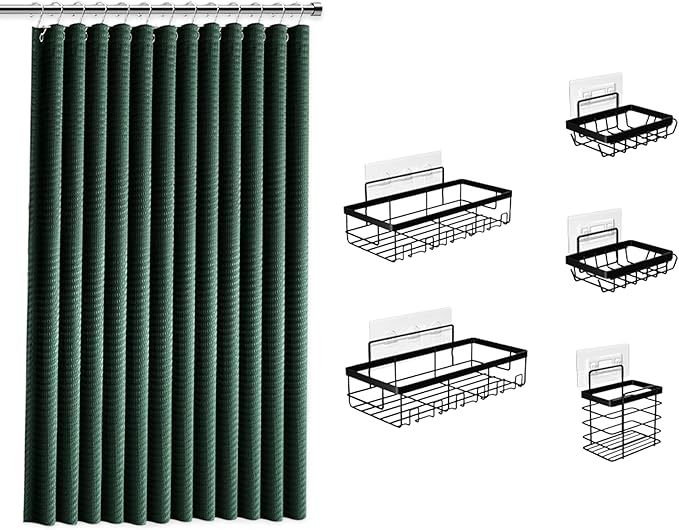 Clara Clark Hunter Green Shower Curtain Set with Black Shower Caddy Hanging - Fabric Shower Curtains and Stainless Steel Shower Caddies, Bathroom Shower Curtain Sets with Corner Shower Caddy Dorm