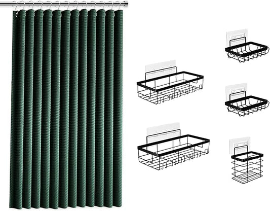 Clara Clark Hunter Green Shower Curtain Set with Black Shower Caddy Hanging - Fabric Shower Curtains and Stainless Steel Shower Caddies, Bathroom Shower Curtain Sets with Corner Shower Caddy Dorm