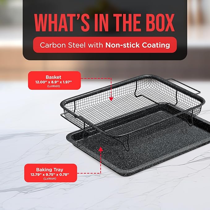 Bakken Swiss Crisper Tray - 2-Piece Set – Gray Marble Coating, Non-Stick Basket for Healthier Cooking in Regular Ovens - Perfectly Crispy Chips, Bacon & More