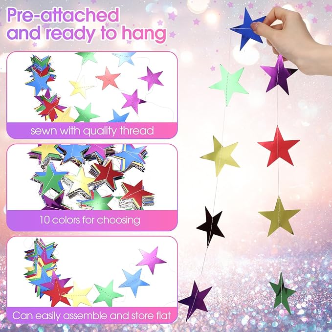 Patelai 130 Feet Glitter Star Garland Banner 2026 Party Decoration Double Side Star Hanging String Streamer Paper Twinkle for Graduation Wedding Birthday (Green,Blue,Purple,Red,Gold)