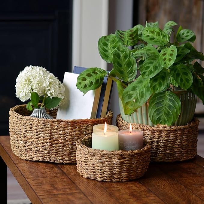 WHW Whole House Worlds Wicker Bread Basket Bowls, Set of 3, Thick Chunky Seagrass, Sweater Weave, Decorative, 11.75, 9.75, and 7.75 D Inches