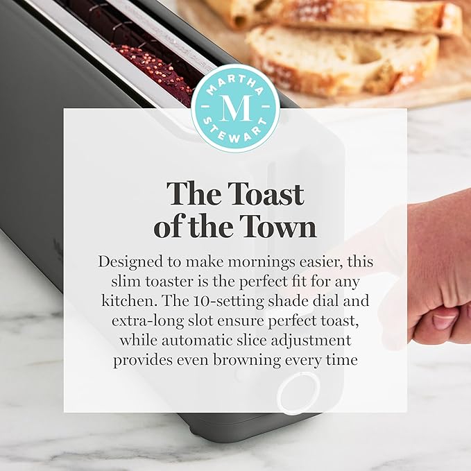 Martha Stewart 2 Slice Long Slot Toaster, Extra Wide for Sourdough & Bagels, 10 Setting Shade Control, Removable Crumb Tray, Self-Centering Design, Defrost/Reheat, Cancel, Slim Space-Saving, Caviar