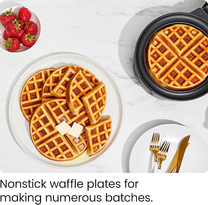 Chefman Anti-Overflow Belgian Waffle Maker w/Shade Selector, Stainless Steel, Temperature Control, Mess Free Moat, Round Nonstick Iron Plate, Cool Touch Handle, Measuring Cup Included
