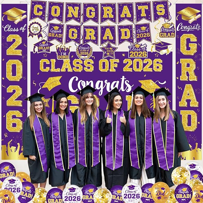 Graduation Decorations Class of 2026, Purple and Gold Graduation Decorations Include Grad Backdrop, Banner, Hanging Swirls, Porch Sign, Balloons for Congrats Grad Party Supplies