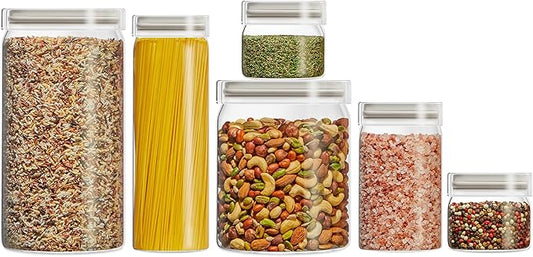 Pyrex 6-Pack Glass Canister Set - Dry Food Storage Containers with Glass Lids for Kitchen and Pantry Organization
