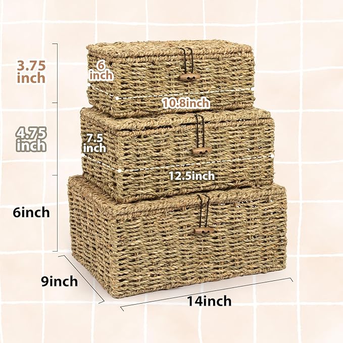Handwoven Wicker Baskets Decorative Storage Boxes with Lids Set of 3, Natural Seagrass, Nesting Organizer Boxes for Closet, Shelf, Home Decor