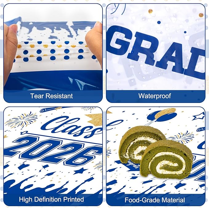 Graduation Decorations Class of 2026 Tablecloth - 3 Pcs Plastic Congrats Grad Table Cloth, Graduation Table Cover for Graduations Party Decorations 2026 and Party Supplies, 54"x108" (Blue and Gold)