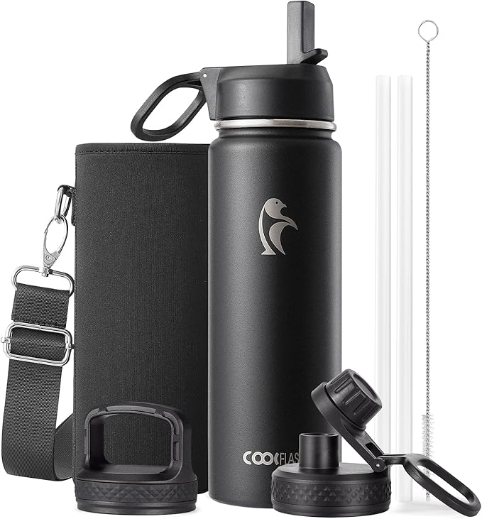 Coolflask Water Bottle 24 oz Insulated with Straw, Stainless Steel Metal 3 Lids Water Flask Wide Mouth for Sports or Office, Non-BPA Keep Cold Up to 48 Hrs or Hot Up to 24 Hrs, Magic Black