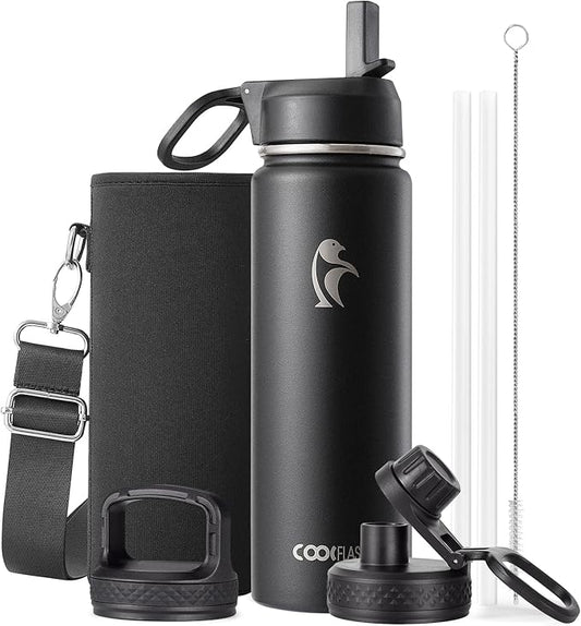 Coolflask Water Bottle 24 oz Insulated with Straw, Stainless Steel Metal 3 Lids Water Flask Wide Mouth for Sports or Office, Non-BPA Keep Cold Up to 48 Hrs or Hot Up to 24 Hrs, Magic Black