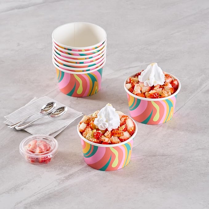 Coppetta 8 Ounce Dessert Cups, 50 Greaseproof Ice Cream Cups - Lids Sold Separately, For Hot And Cold Foods, Psychedelic Sunrise Paper Yogurt Bowls, Disposable, Sturdy - Restaurantware
