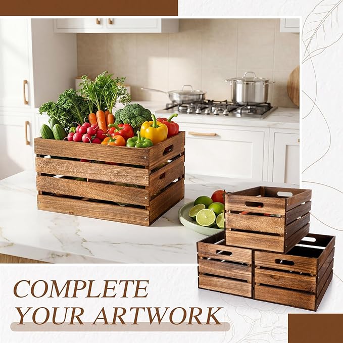 Weysat 3 Pack Large Wood Crates Box for Storage 16 x 12 x 9.5 Inches Unassembled Wooden Milk Crates with Handle Decorative Nesting Box for Display Rustic Decor DIY Office Home Retail Art Craft (Brown)