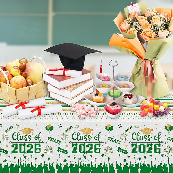 Graduation Decorations Class of 2026 Tablecloth - 3 Pcs Plastic Congrats Grad Table Cloth, Graduation Table Cover for Graduations Party Decorations 2026 and Party Supplies, 54"x108" (Green and Gold)