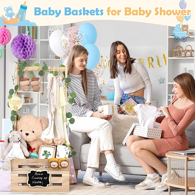 Wooden Baby Shower Crate Closet with Adjustable Handle & Garland, Large Personalized Baby Shower Basket Clothes Hangers Rack Storage Box, Pregnancy Gifts for New Parents Newborn Boy Girl