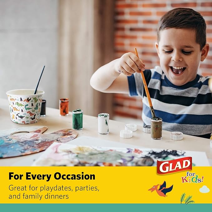 Glad for Kids Dinosaurs Paper Snack Bowls, Colorful Heavy Duty Microwave Safe Disposable Bowls for Soup, Ice Cream, and Snacks, Lids Included, Multicolor, Party Pack, 12 Oz, 20 Count - 6 Pack
