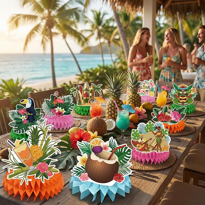 Luau Party Decorations - 9 PCS Hawaiian Honeycomb Table Centerpiece for Tiki and Luau Hawaiian Party Favors Supplies | Tropical Party Decorations for Summer Beach Pool Birthday Wedding