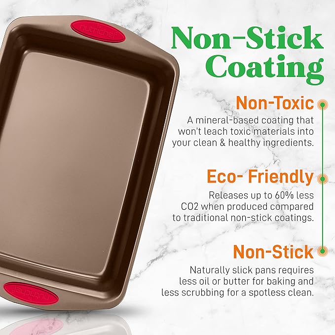 NutriChef 2-Piece Baking Pan Set - Premium Non-Stick Coating Carbon Steel Bakeware w/ Silicone Handles - PFOA, PFOS, PTFE Free Kitchen Oven Bake Tray, Cookie Sheets - Bronze, 17.3"x11.4"x1.2"