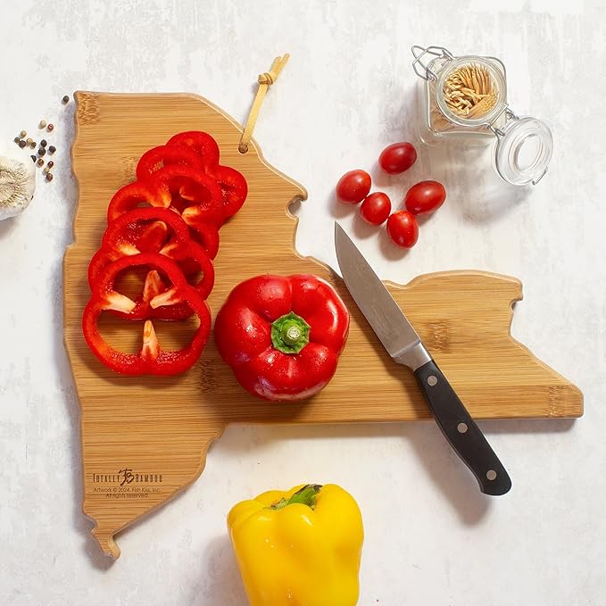 Totally Bamboo New York State Shaped Cutting Board and Charcuterie Serving Platter with Artwork by Fish Kiss, Includes Hang Tie for Wall Display