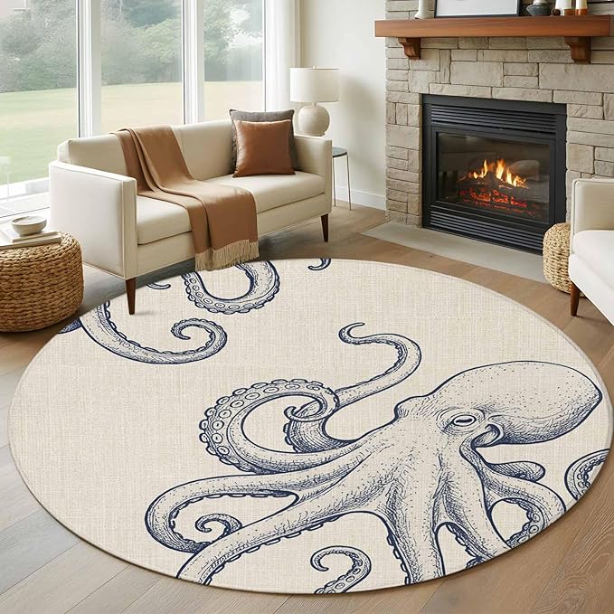 Washable Round Area Rug Marine Octopus Sea Monster Circle Rugs Floor Carpet for Living Room Bedroom, Farmhouse Ocean Life on Linen Soft Non Slip Round Rug 5ft