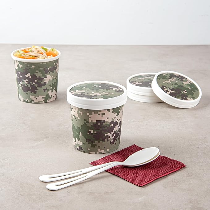 Restaurantware LIDS ONLY: Bio Tek Soup Container Lids 200 Disposable Bowl Lids For 12 Ounce Soup Cups - Containers Sold Separately Vented Camouflage Paper Soup Container Lids Round