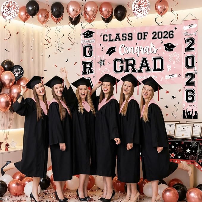 Graduation Decorations Class of 2026 - Rose Gold Graduation Decorations Include Grad Backdrop, Banner, Hanging Swirls, Porch Sign, Balloons for Congrats Grad Party Decorations