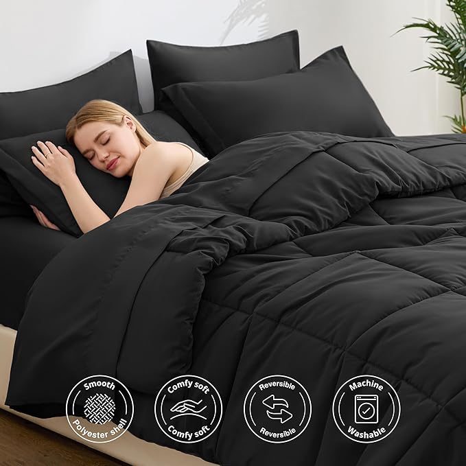 Love's cabin King Size Comforter Set Ash Black, 7 Pieces King Bed in a Bag, All Season Bedding Sets with 1 Comforter, 1 Flat Sheet, 1 Fitted Sheet, 2 Pillowcase and 2 Pillow Sham | Soft, Breathable, Lightweight, Comfortable