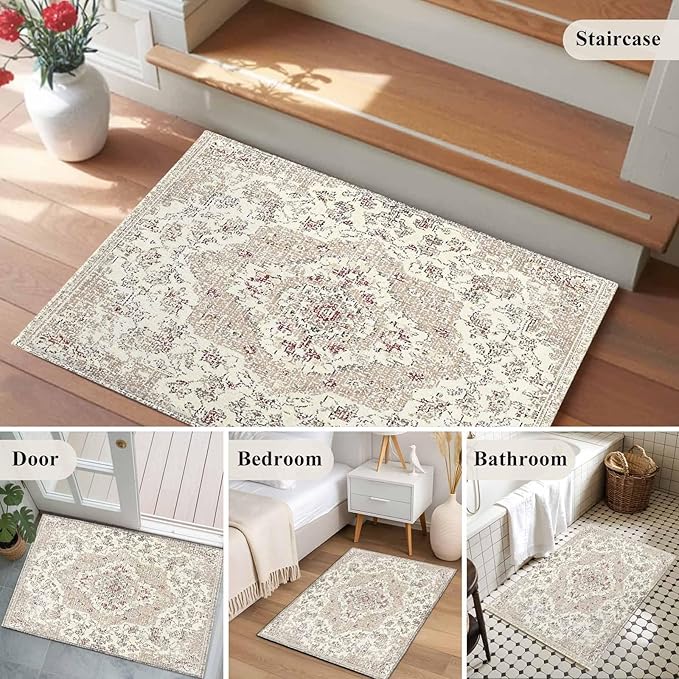 Beige Boho 2x3 Door Mat Rug, Vintage Ethnic Floral Non-Skid Rubber Backing Large Rectangle Rugs - Living Room Bedroom Home Office, Abstract Art Geometric Indoor Floor Mat Carpets Washable Rug