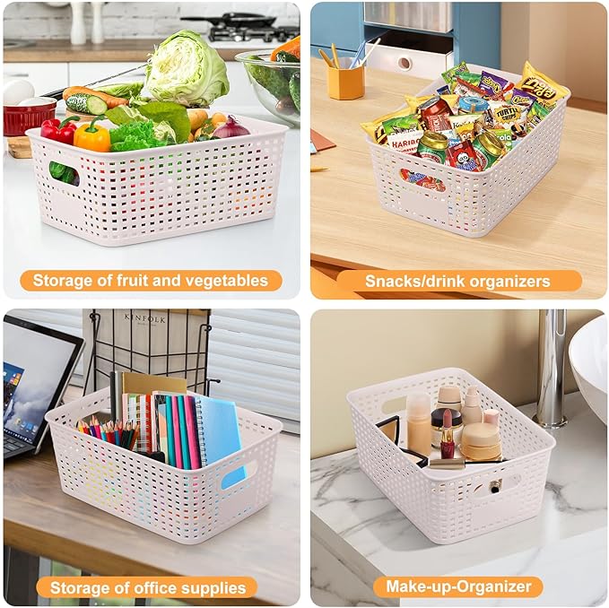 Misty Stream 6pcs Rattan Organiser Box with Lid & Handles Bathroom Kitchen Storage Boxes Plastic Storage Basket for Cupboards Shelves Bathrooms