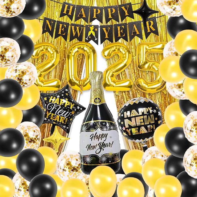New Years Eve Party Supplies 2025, Gold and Black Balloons Supplies Set with 2025 Foil Balloon, Happy New Year Decorations 2025 Kit Latex Balloons New Year Banner Curtains Backdrop for NYE Decoration