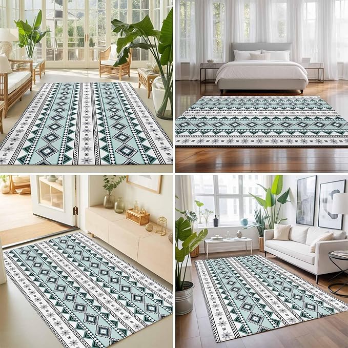 Area Rug 3x5ft, Boho Diamond Pattern Washable Rugs for Living Room Bedroom, Ethnic Style Blue Strips Soft Non-Slip Area Rugs Rectangle Floor Carpet for Dining Room