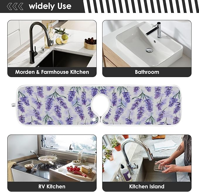 Kitchen Faucet Absorbent Mat,Lavender Flower Water Splash Guard for Sink, Faucet Drip Catcher Thicken Sponge Microfiber Faucet Water Catcher Mat Sink Absorbent Mat for Kitchen 30x5in 2 Pack