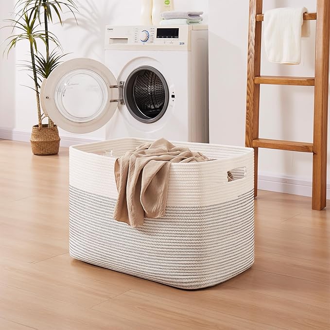 OIAHOMY 108L Extra Large Blanket Basket, 25”x16”x16” Laundry Basket, Blanket Storage for Living Room, Dog Toy Storage with Handle - Black & White
