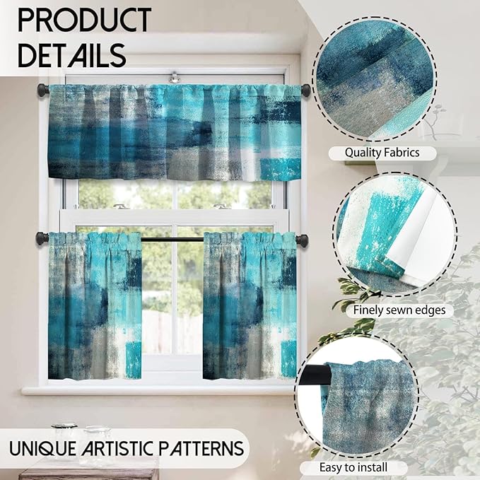 MCALK Turquoise Blackout Kitchen Curtains Tiers and Valances Set 3 Piece for Windows Grey Kitchen Window Curtains Set,Modern Abstract Art Valances for Living Room(36" Tiers Set)