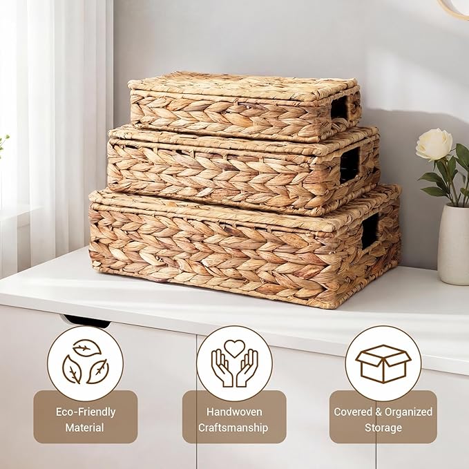 3 Pcs Wicker Storage Baskets with Lids 16" 14" 12" Water Hyacinth Pantry Baskets Woven Organizers Decorative Storage Boxes for Organizing Shelves, Bedroom, Living Room(Natural)
