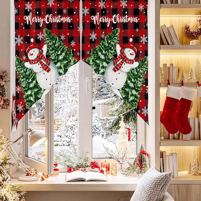 Christmas Tree Snowman Swag Valance Curains Winter Snowflakes Red Buffalo Plaid Rod Pocket Kitchen Curtains Scalloped Window Treatment Valances Swag for Living Room Bedroom, 1 Pair, 36"W x 45"L